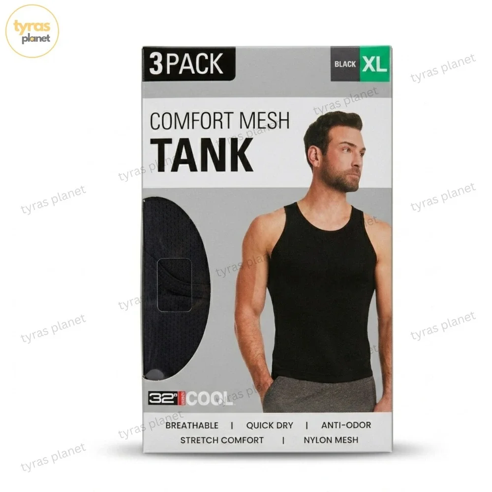 32 Degrees Cool Men's 3-Pack Comfort Mesh Tank T-Shirt, Black, Size XL
